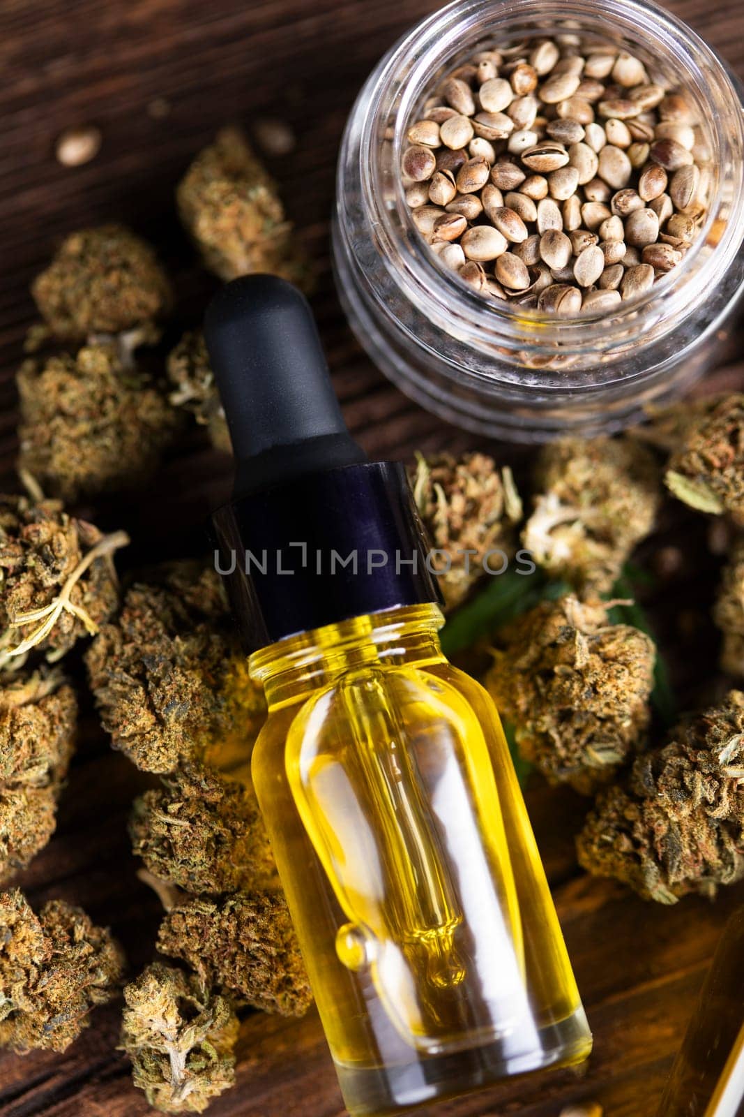 Oil cbd, cannabis and hemp leaves, medical marijuana concept