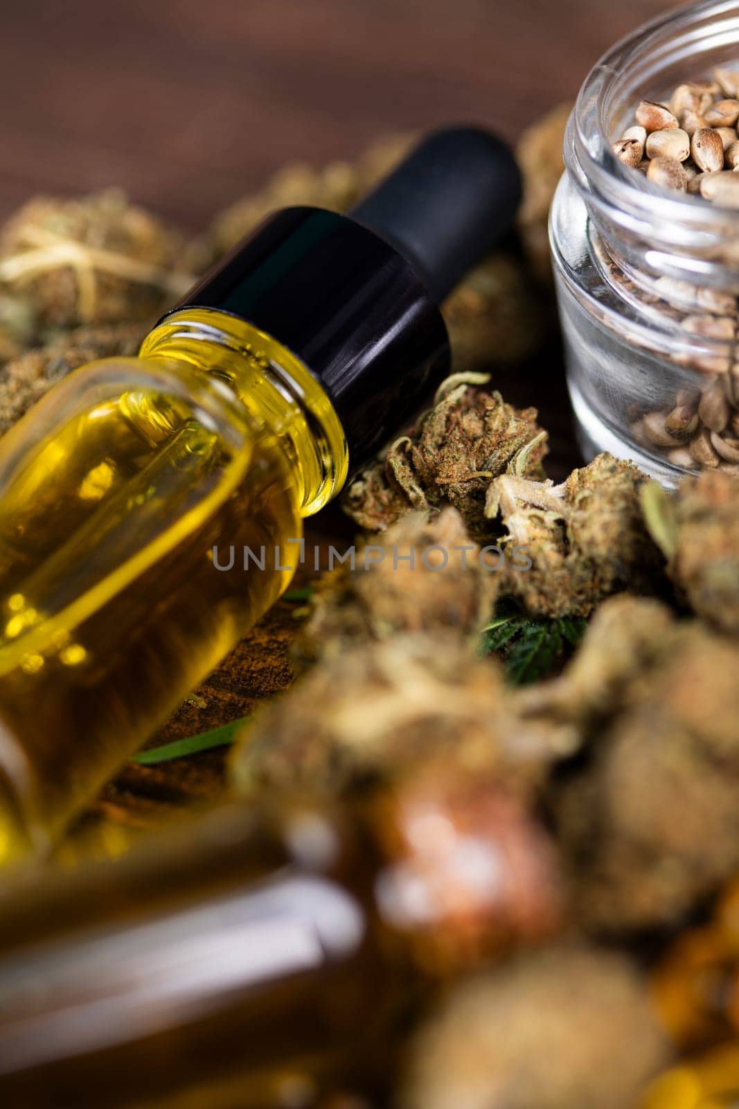 Oil cbd, cannabis and hemp leaves, medical marijuana concept