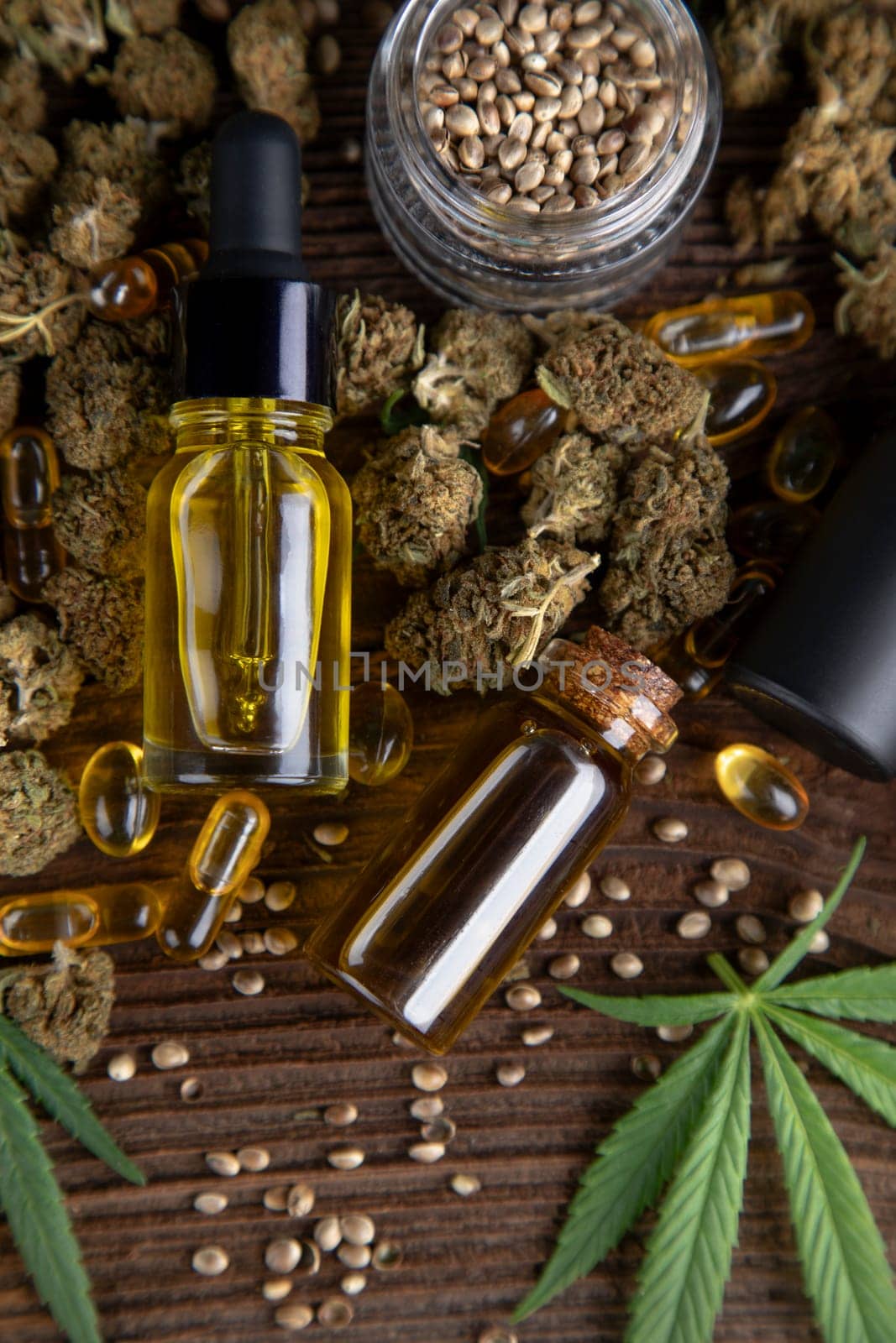 Oil cbd, cannabis and hemp leaves, medical marijuana concept