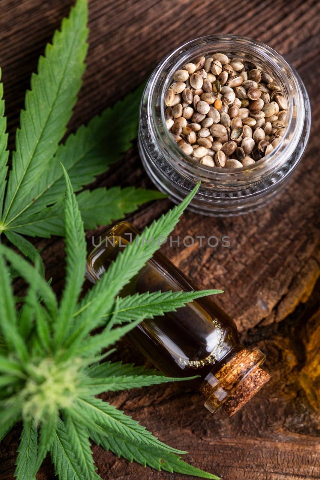 Hemp oil and marijuana leaves on hemp extract, cbd