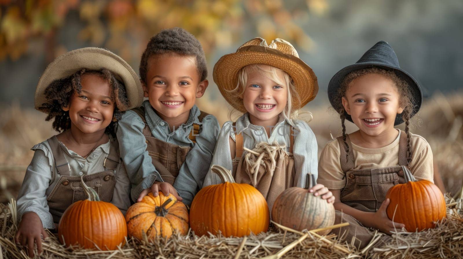 Children sitting on hay bales, holding their chosen pumpkins and smiling, in blurred background