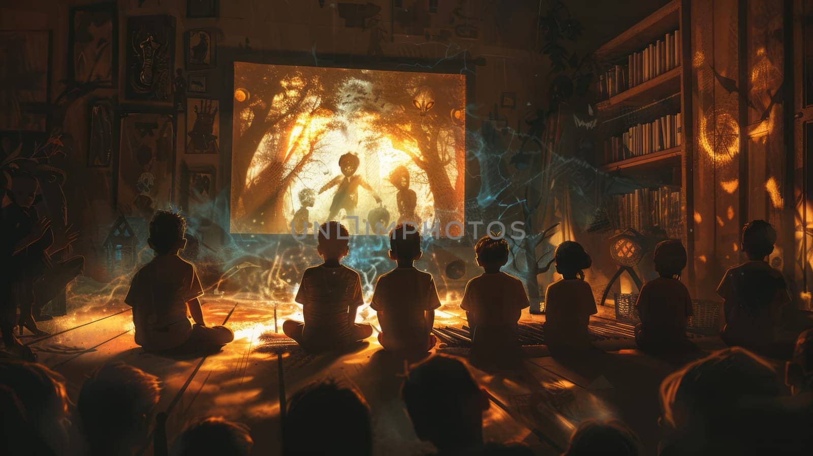 Children sit on the floor in a dimly lit room, carefully watch a cartoon on the theme of Halloween, shadows dance on the walls.