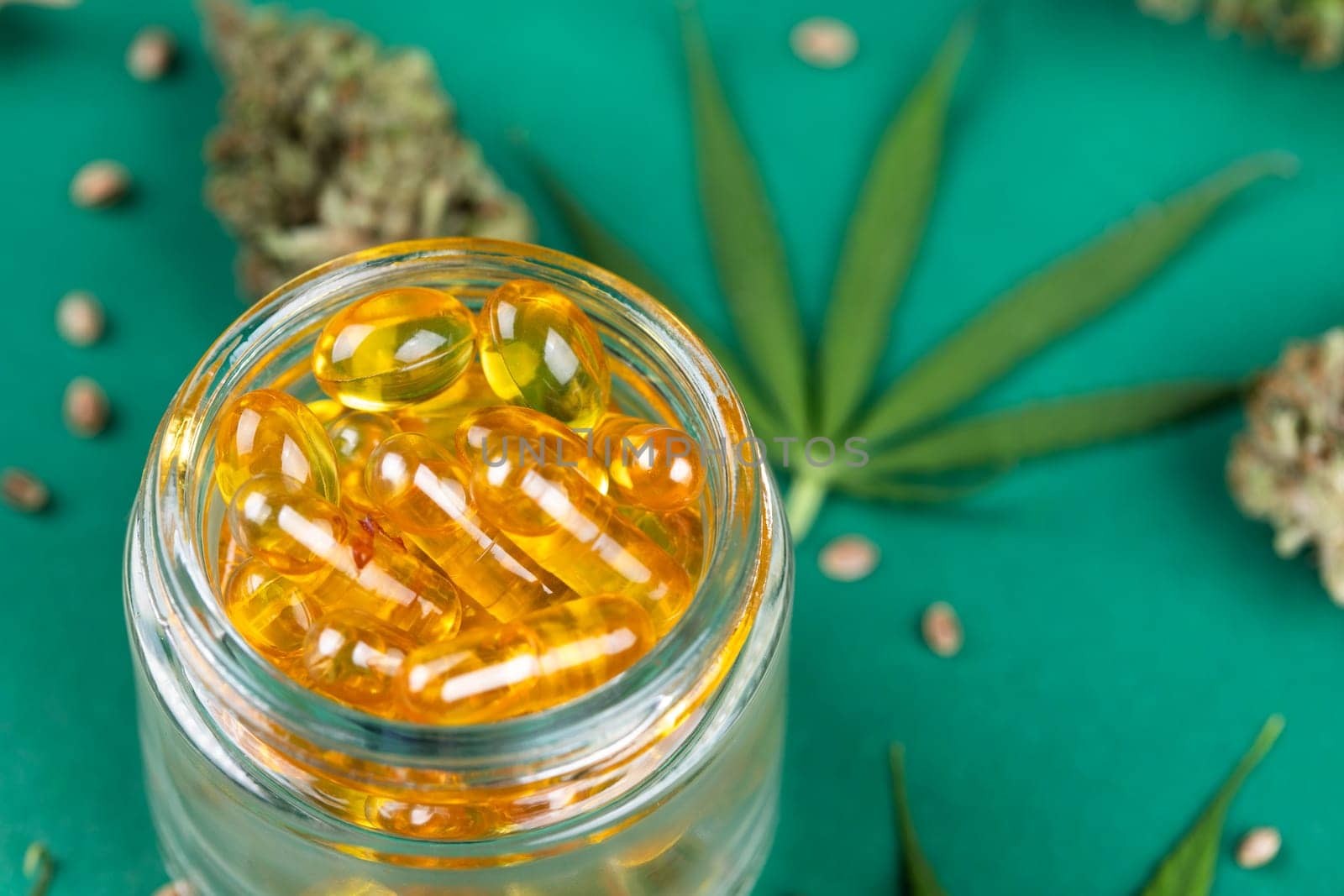 Oil cbd, cannabis and hemp leaves, medical marijuana concept