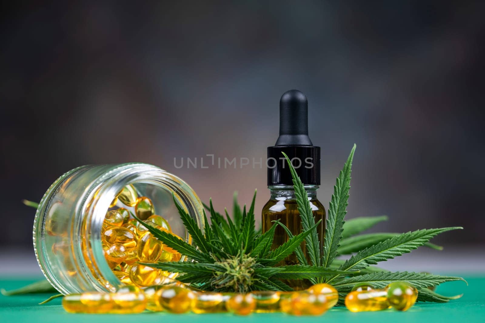 Oil cbd, cannabis and hemp leaves, medical marijuana concept