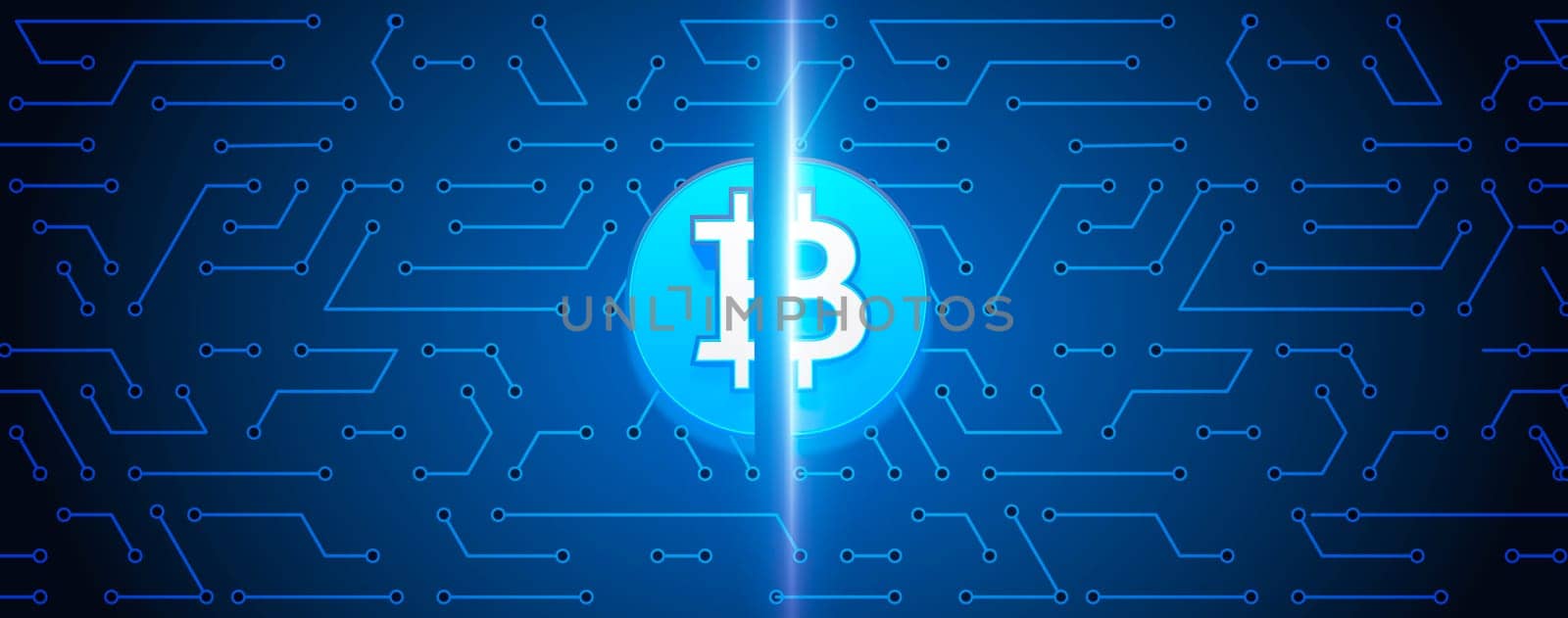 Bitcoin Halving. Blue coin on glitched background