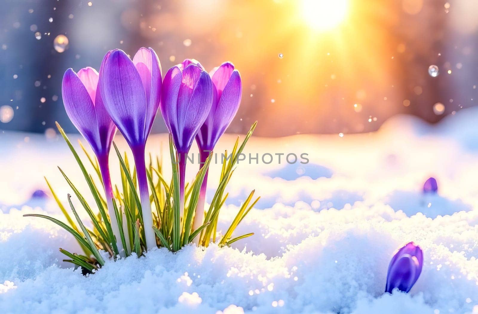 The first spring crocuses break through the winter snow. Transition from winter to spring.