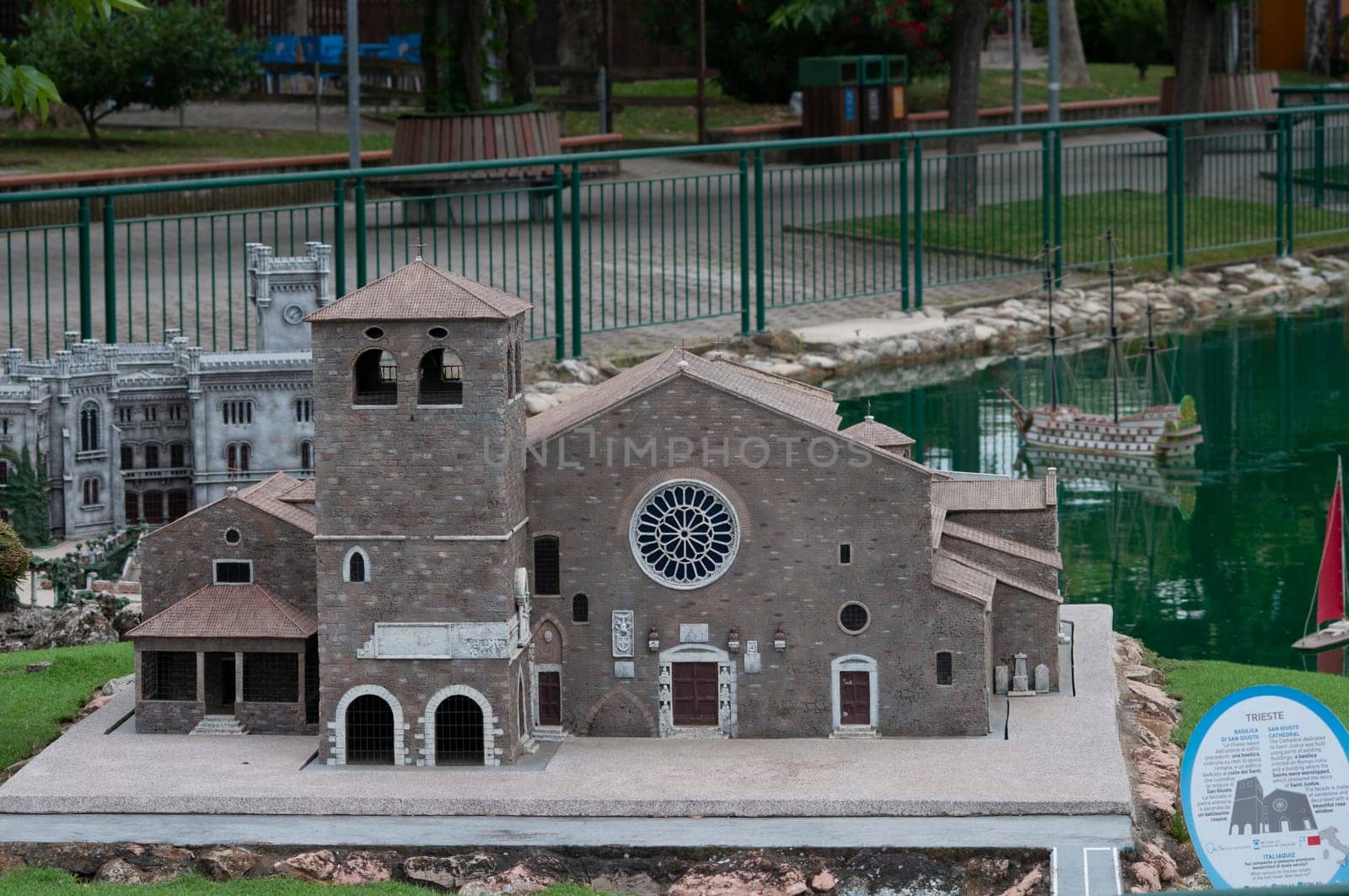 Viserba, Italy - June 25, 2024: CATHEDRAL OF SAN GIUSTO TRIESTE at Theme park Italy in Miniature or Italia in Miniatura in Rimini, Italy - Reproduction of famous attractions in a small scale