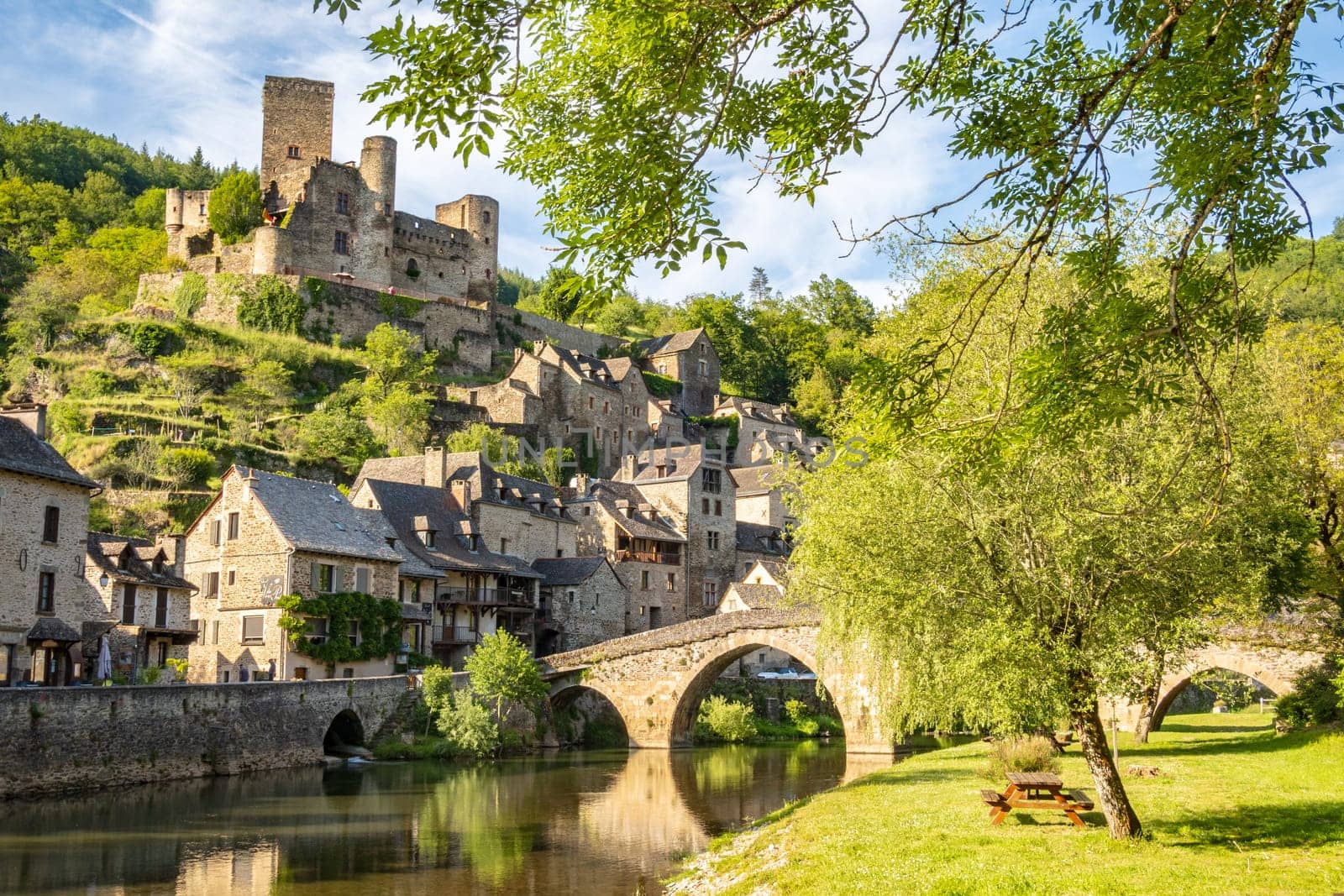 Belcastel village, castle and medieval bridge over Aveyron river, one of the most beautiful villages of France photographed in Occitanie region