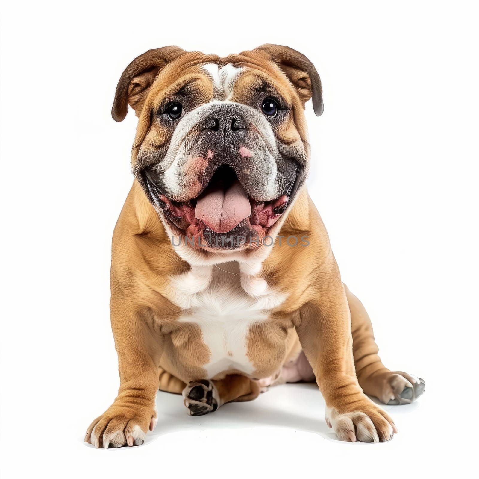 Cheerful bulldog sitting with tongue out on white background