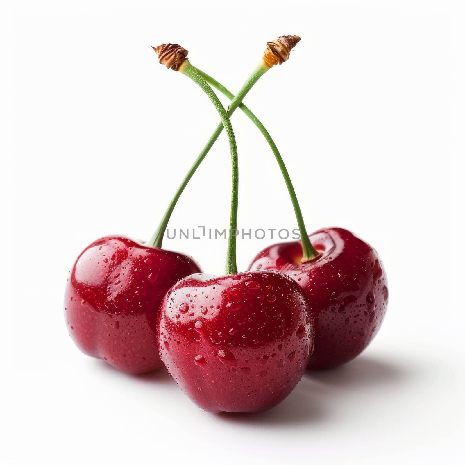 Three cherries with stems and water droplets isolated on white