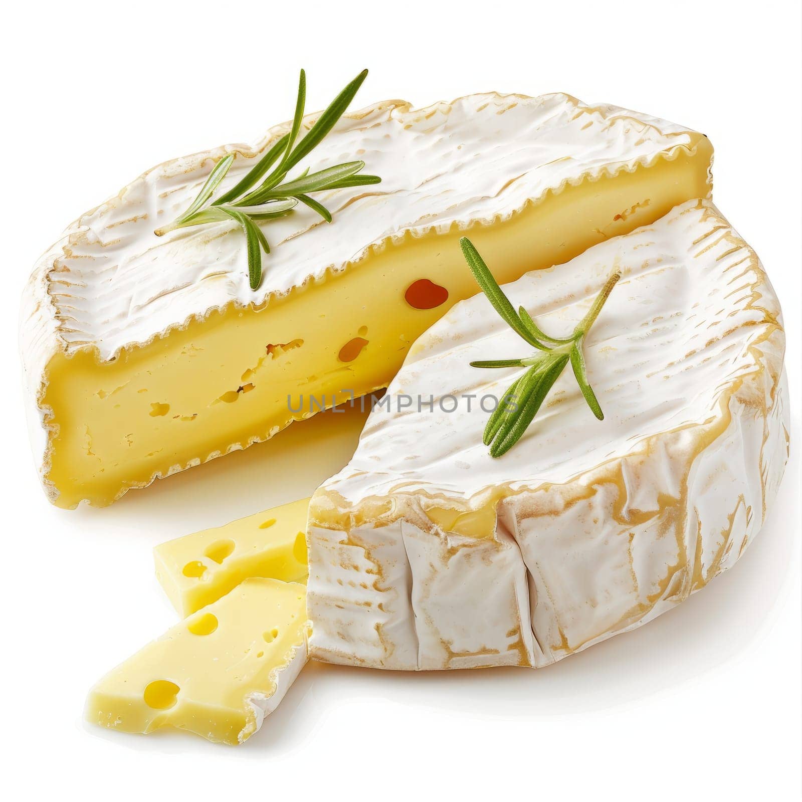 Two pieces of Camembert cheese with rosemary on a white background