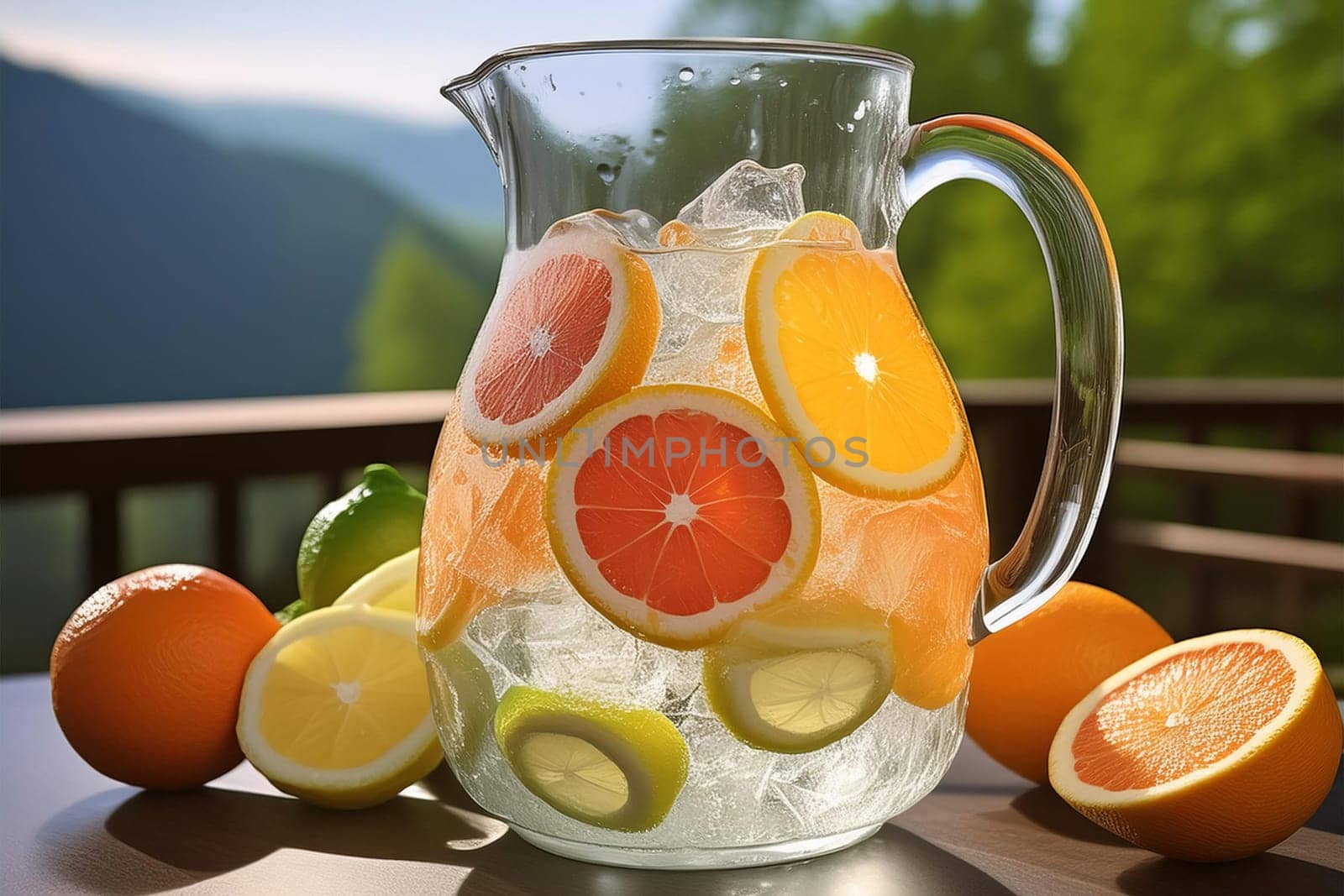 Close-up of a refreshing fruit-infused water pitcher with ice cubes and slices of citrus fruits.