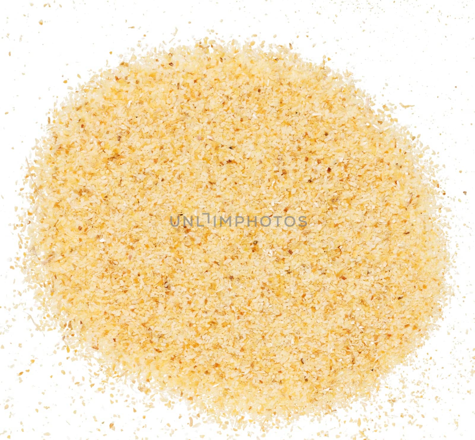 Raw wheat cereal scattered, white background
