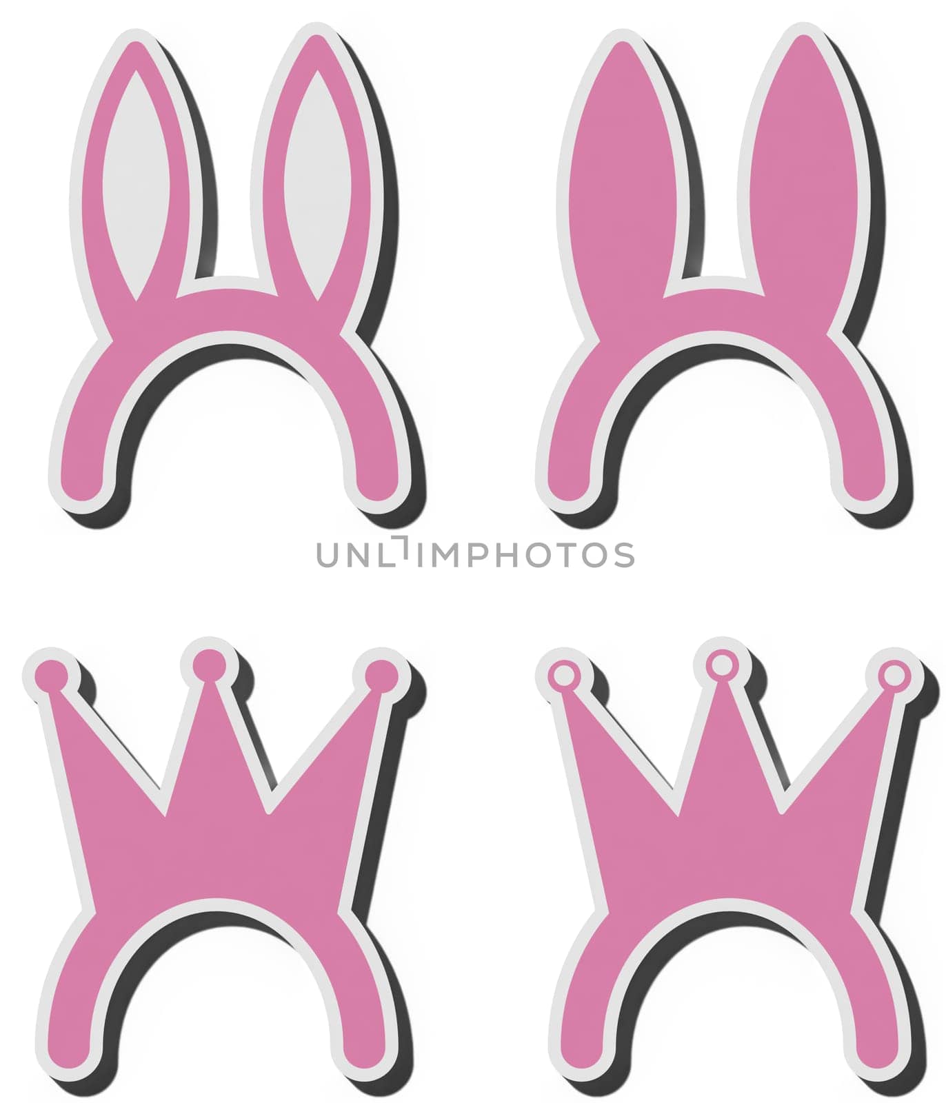 Pink headband with bunny ears and crown on an isolated background. 3D rendering illustration