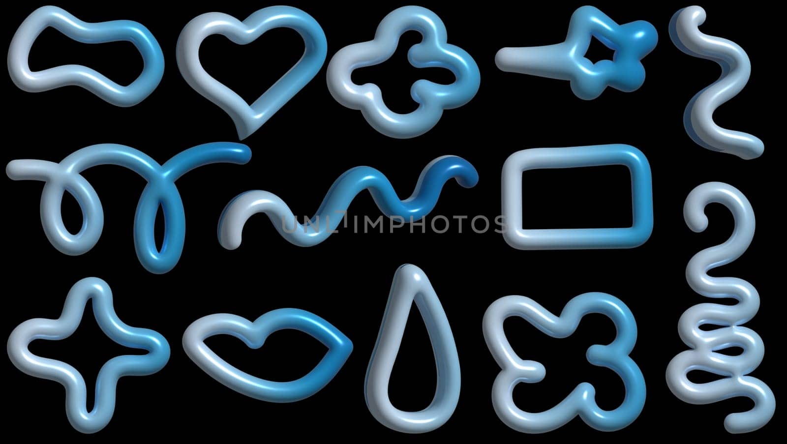 A set of various volumetric blue figures drawn by hand on a black background, 3D rendering illustration