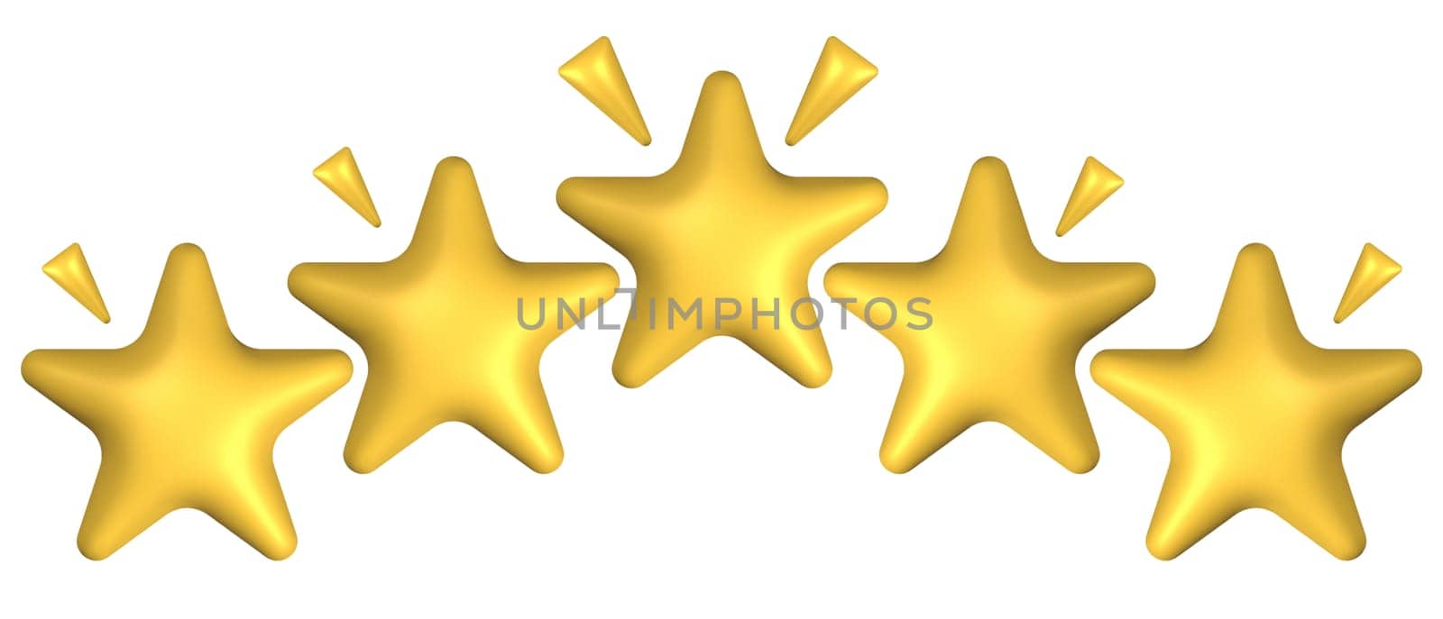 Five yellow volumetric stars on an isolated background, 3D ren