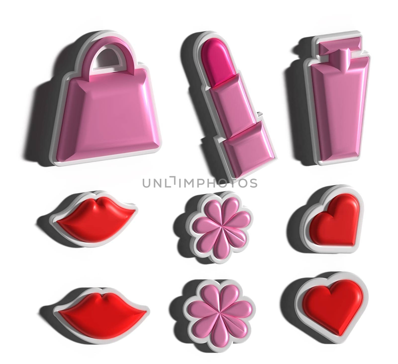 Pink lipstick, heart and handbag on a isolated background, 3D rendering illustration