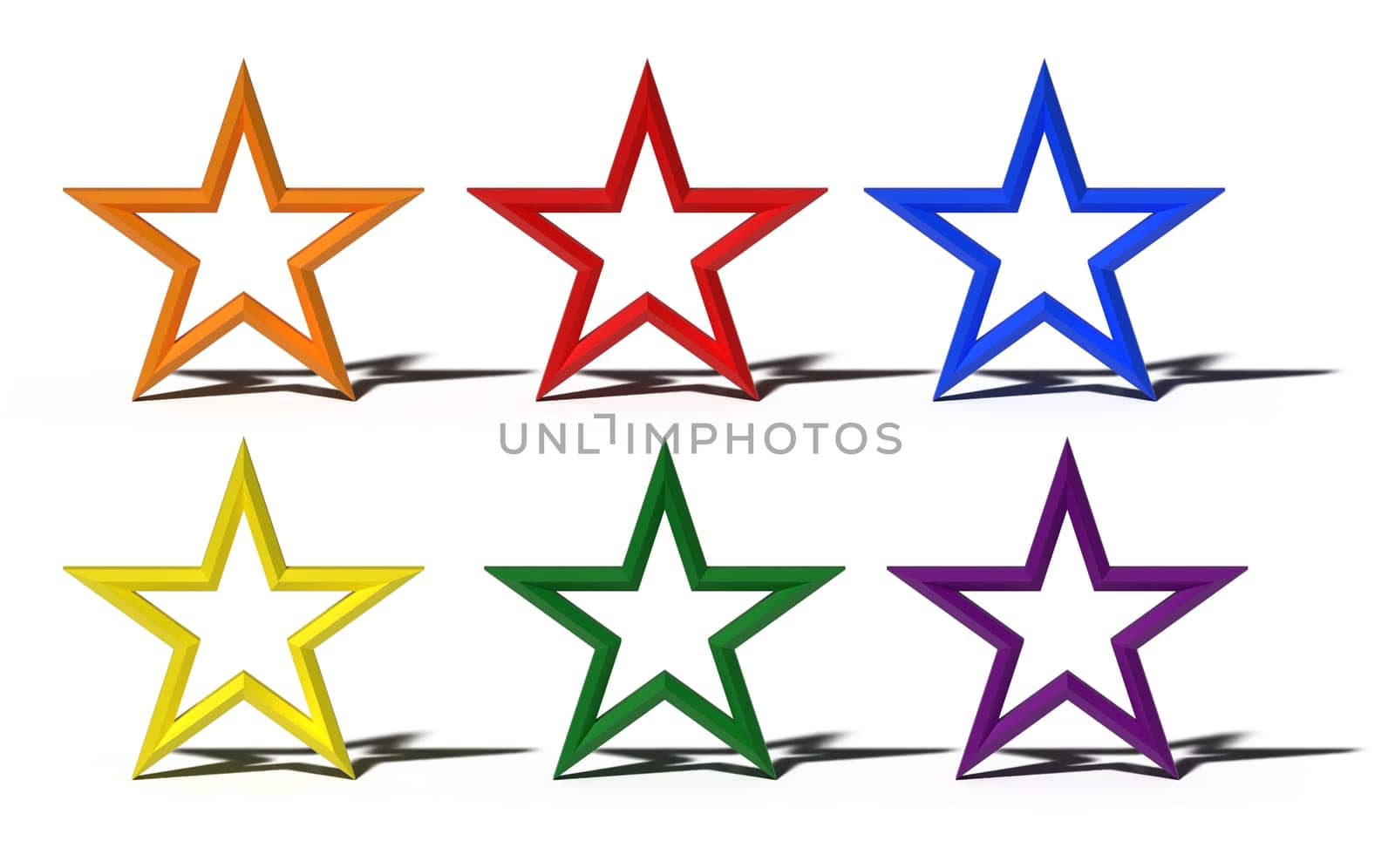 A set of volumetric stars with a shadow on an isolated background, rating and review. 3D rendering illustration