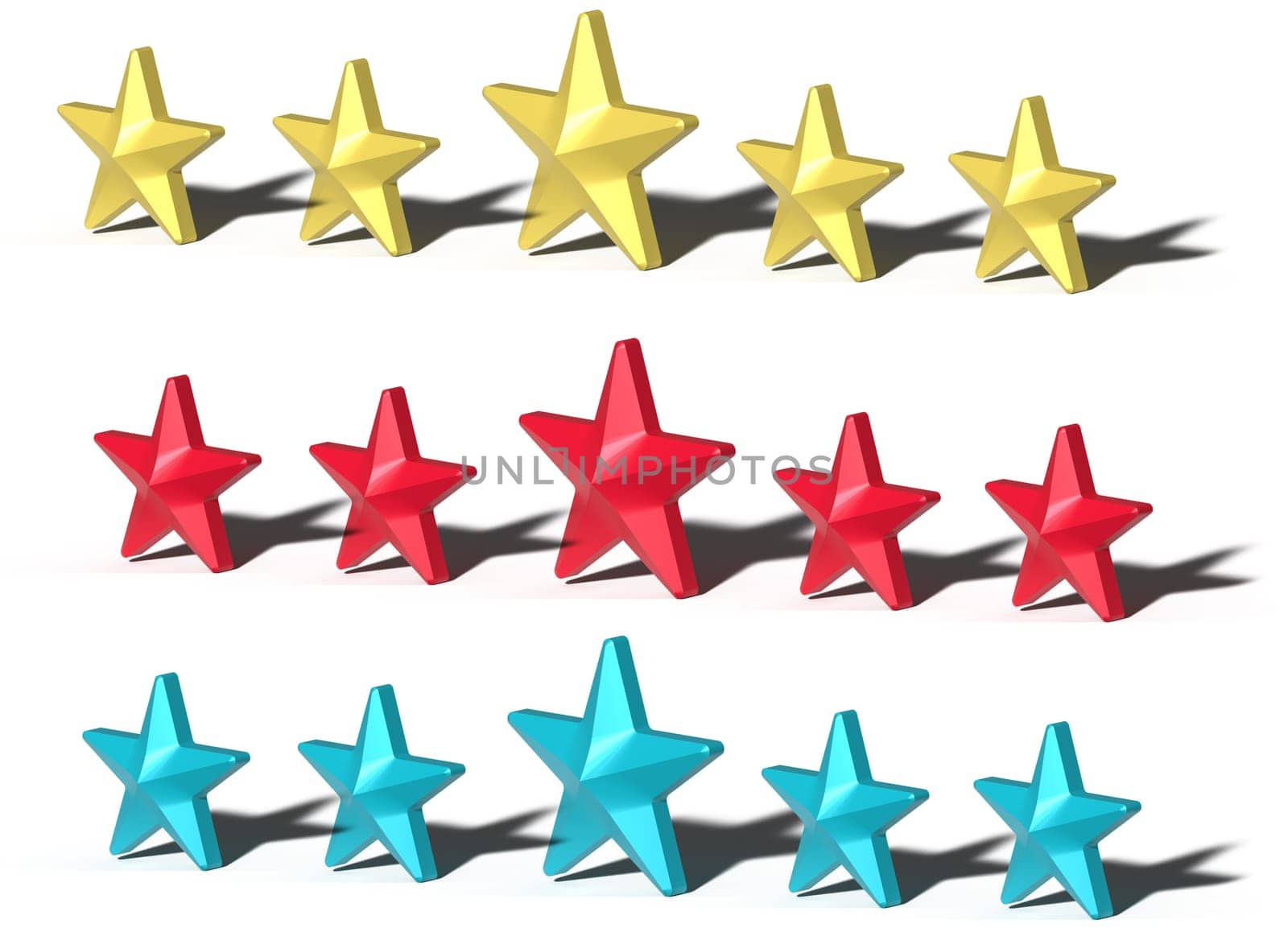 A set of volumetric stars with a shadow on an isolated background, rating and review. 3D rendering illustration