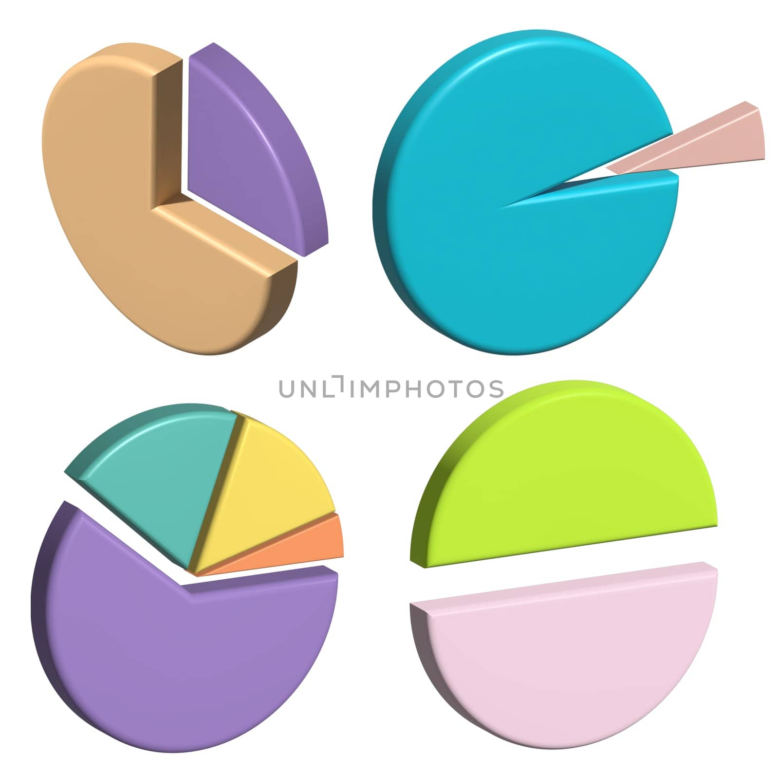 Round volumetric data charts on isolated background, 3D rendering illustration