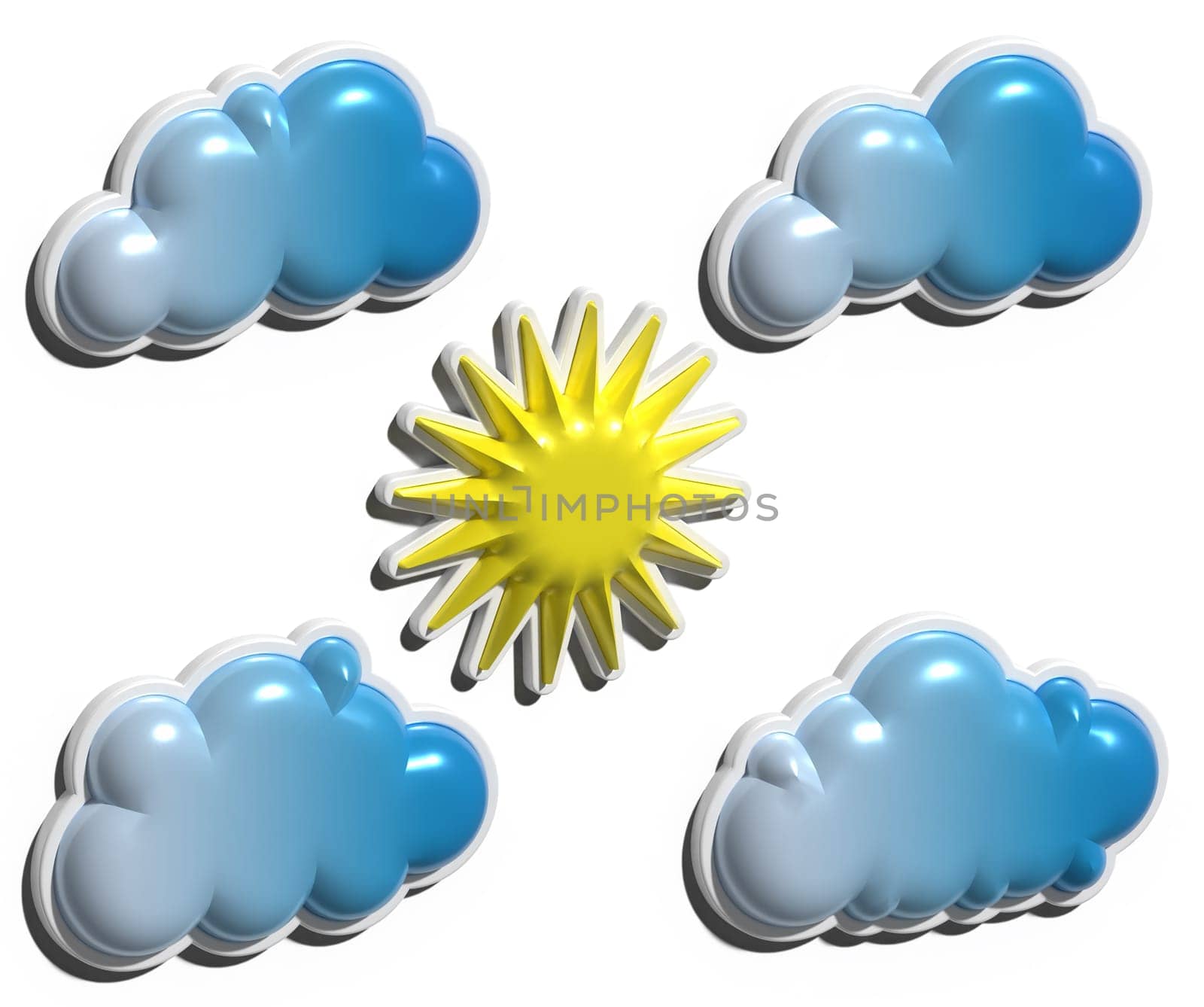 Blue volumetric clouds and yellow sun on an isolated background, 3D rendering illustration