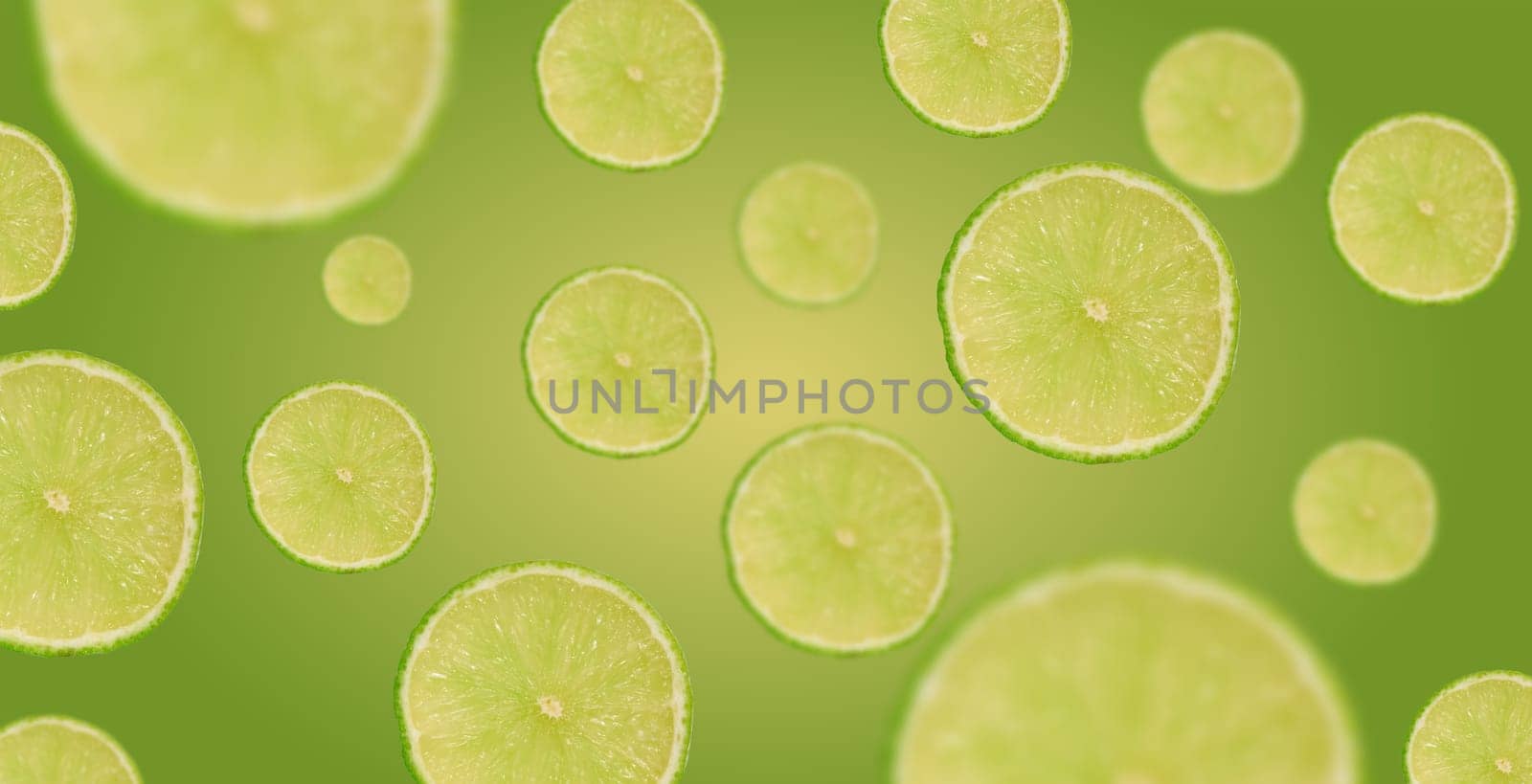 Round piece of juicy lime on a green background, fruit levitates