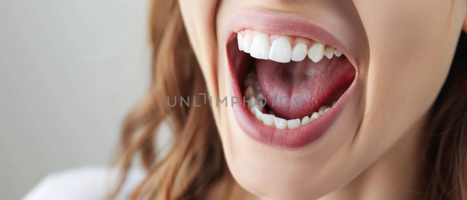 A woman's open mouth is shown, revealing white teeth and pink lips. The tongue is visible inside the mouth, and the woman appears to be shouting or singing loudly. The photo is close-up and focuses on the mouth and teeth, with the rest of the woman's face blurred.