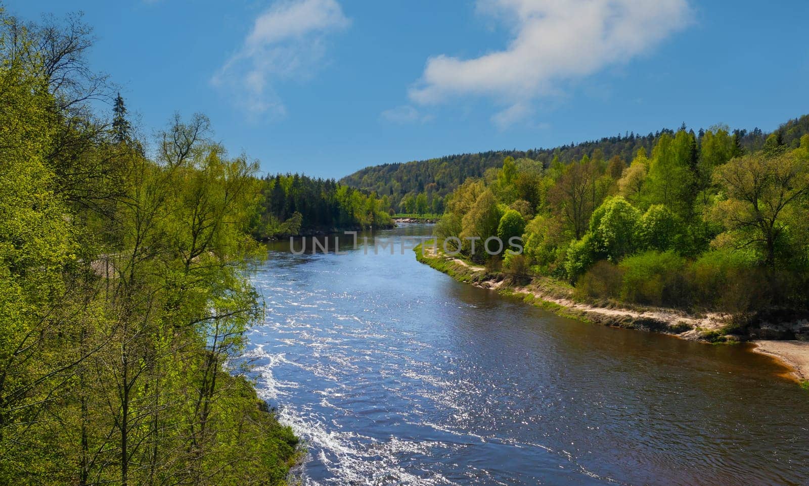 A river with a clear blue water and trees on both sides. The water is calm and peaceful