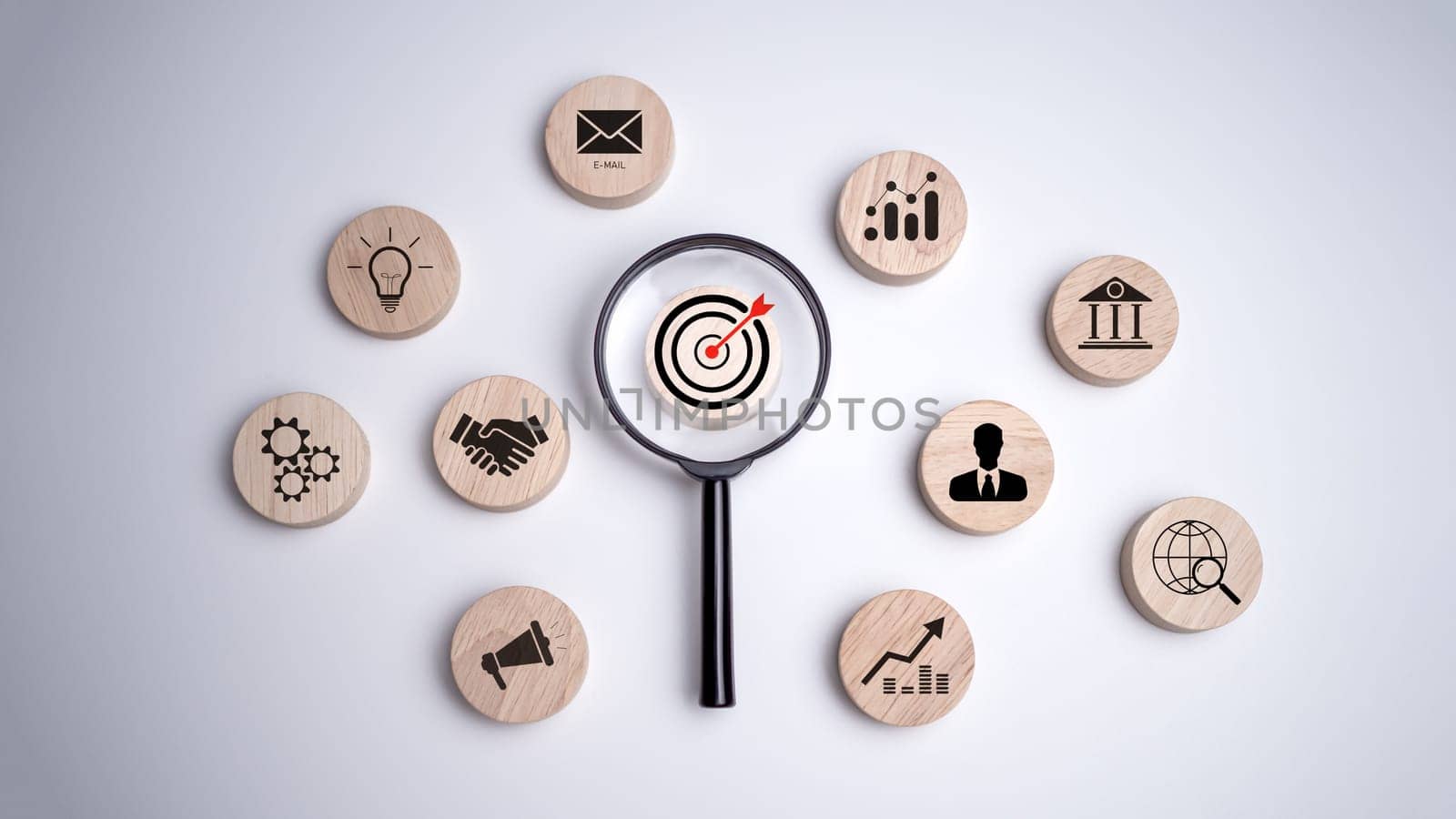 Magnifying glass focus to target icon which for planning development leadership and customer target group concept, Investment growth and success development, Achievement, Strategy, Finance concept.