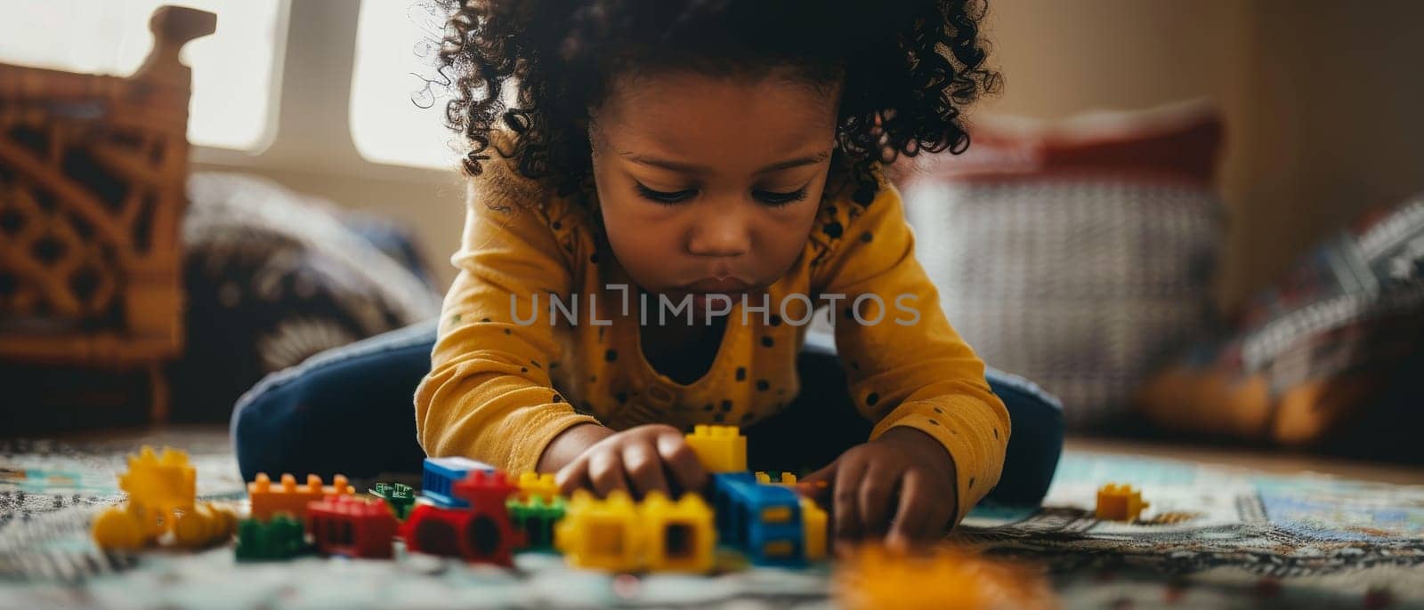 A young child deeply concentrated on sorting colorful blocks, caught in a candid moment of learning through play. The warm lighting adds to the serene atmosphere