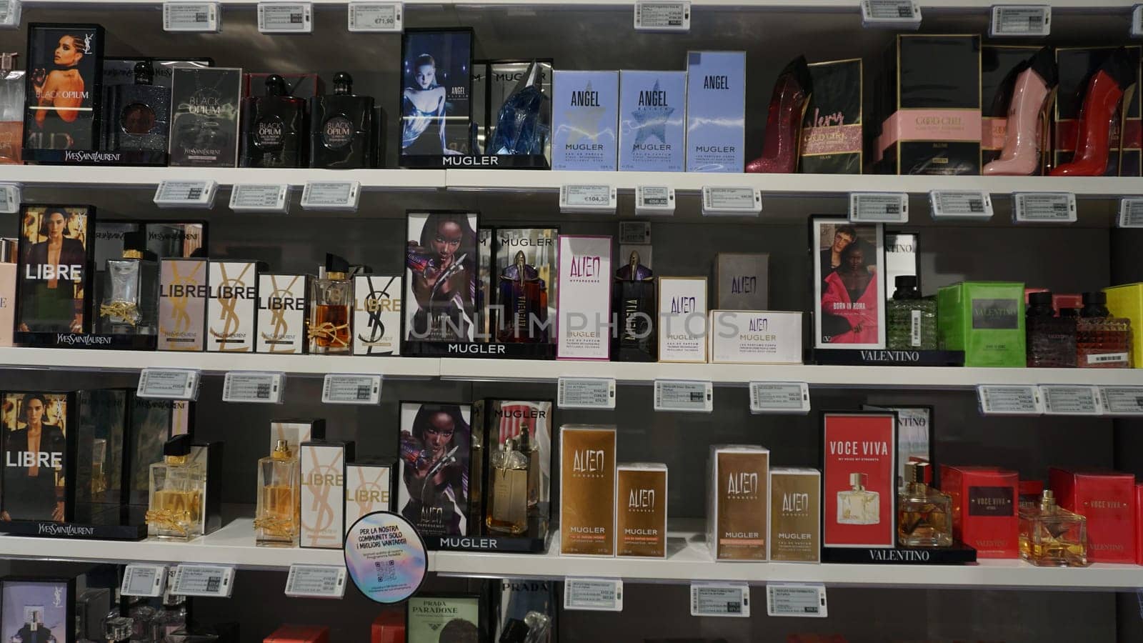 Rimini, Italy - June 25, 2024: Thierry Mugler Alien, Angel perfume on display for sale, fragrance created by Thierry Mugler, French fashion designer