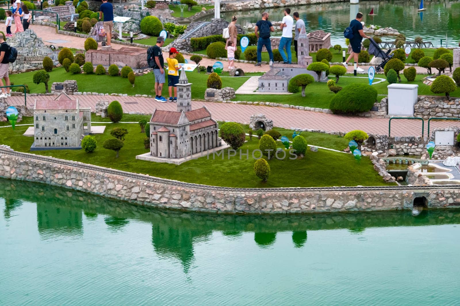 Viserba, Italy - June 25, 2024: People going at Theme park Italy in Miniature or Italia in Miniatura in Rimini, Italy - Reproduction of famous attractions in a small scale