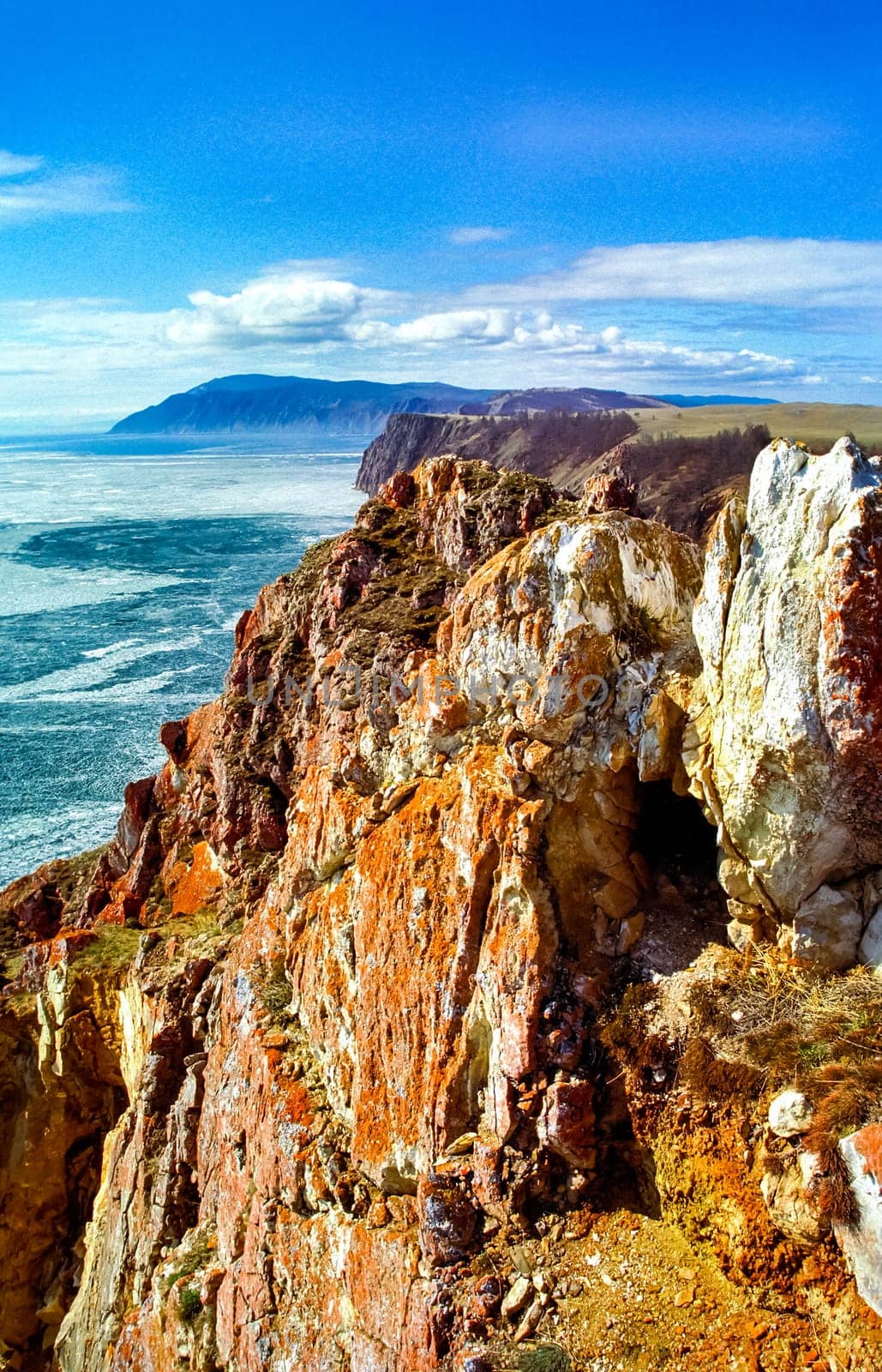 Coastal cliffs of Baikal, the beautiful nature of the shore of Baikal.