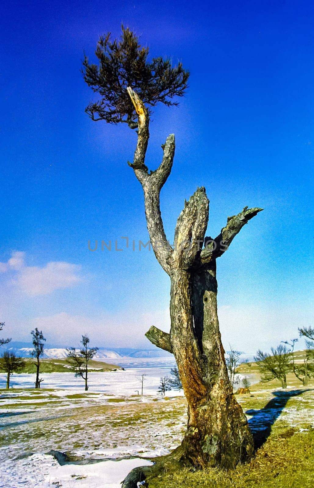 Winter on the Baikal, ice and snow on the lake. The beauty of the nature of Baikal in winter.