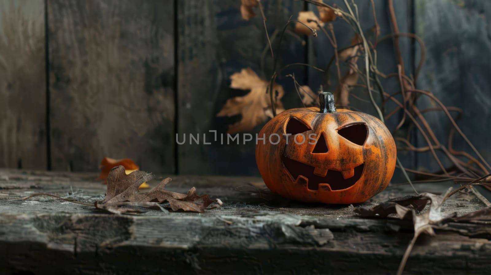 A carved pumpkin with a wide, toothy grin sits on a weathered wooden surface. Dried leaves and vines are scattered around the pumpkin, creating a spooky autumn ambiance. The background is a dark wooden fence, adding to the eerie atmosphere.