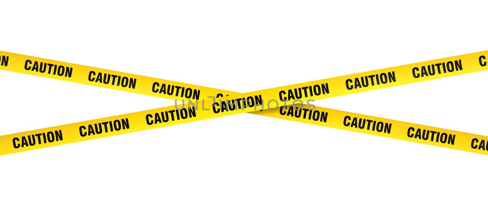 Yellow and black striped caution tape crossing isolated white background