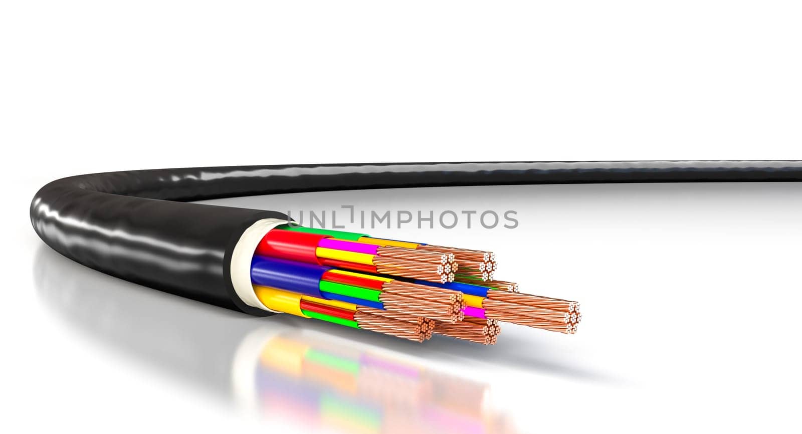 Black electrical cable  copper wires isolated white background. 3d render
