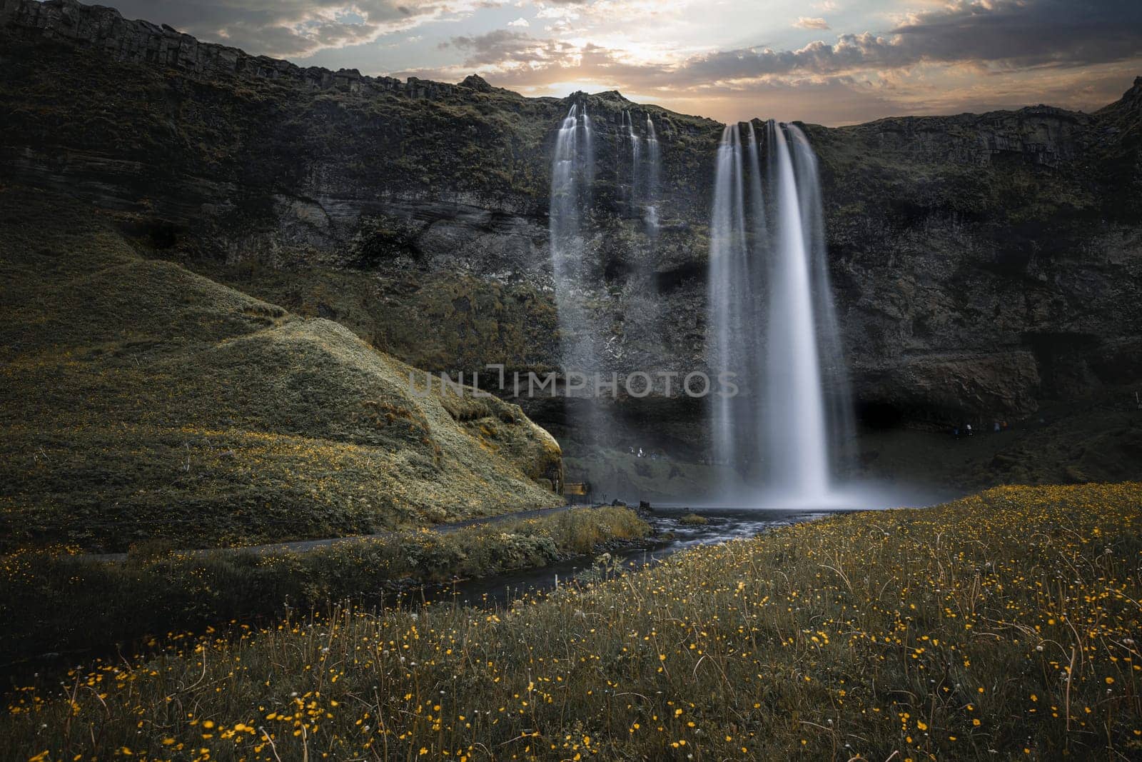 Powerful seljalandsfoss waterfall flowing down  sunset iceland