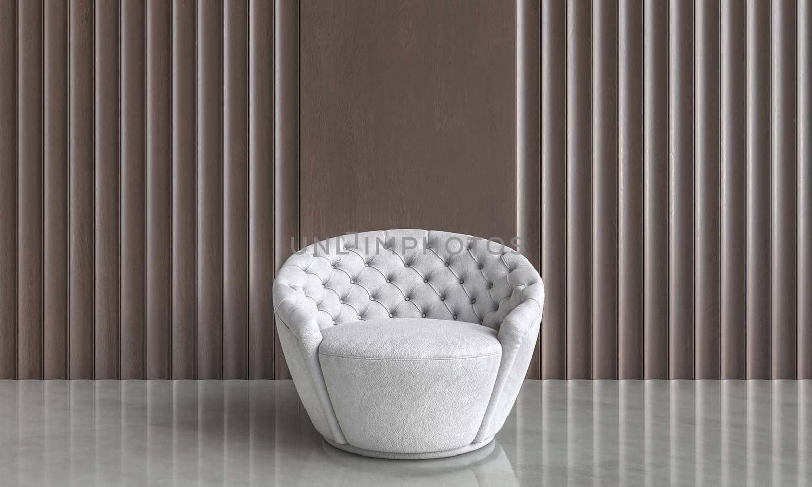 Minimalist interior  white armchair  waiting room wooden wall 3d render