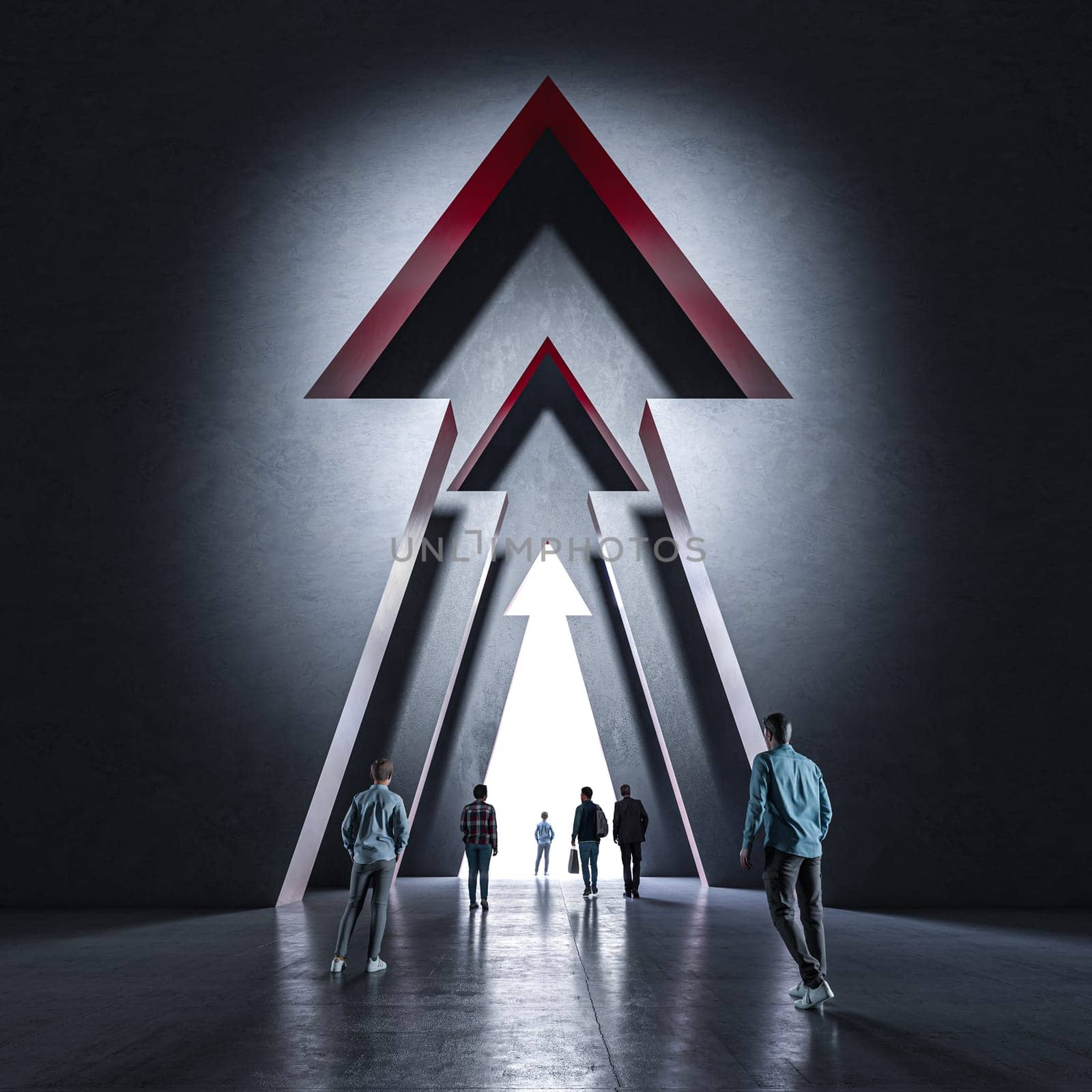 Business people going through  door shaped  arrow, walking  bright light 3d