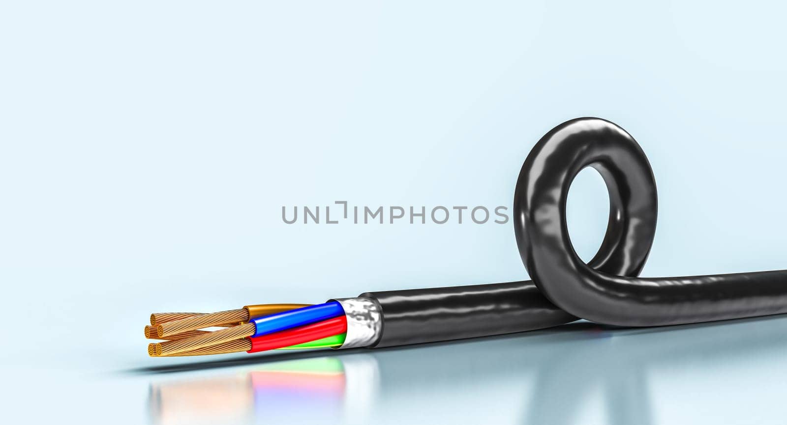 Black electrical cable  copper wires  blue background  rolled up. 3d