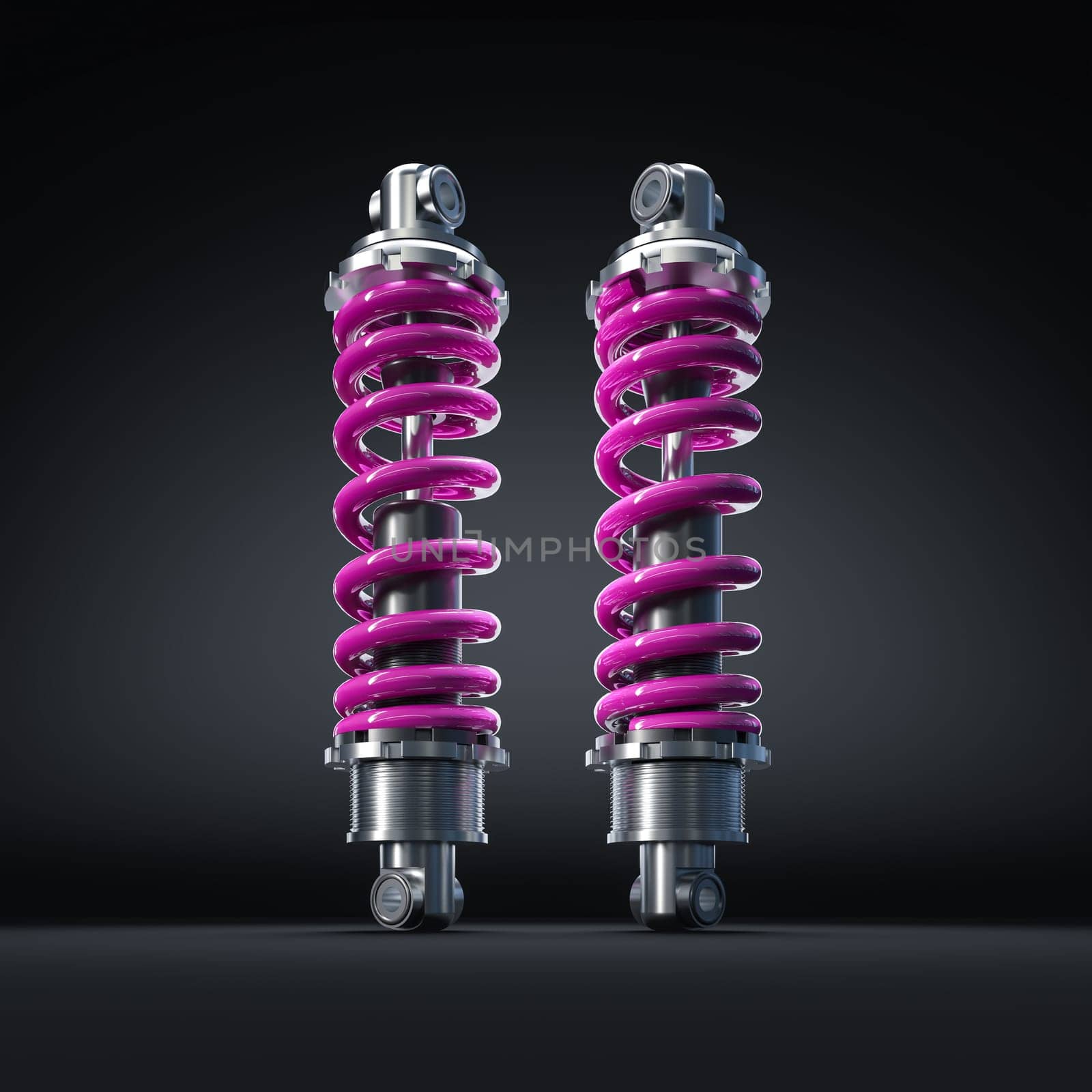 two new shock absorbers  car tuning  pink spring  black background 3d
