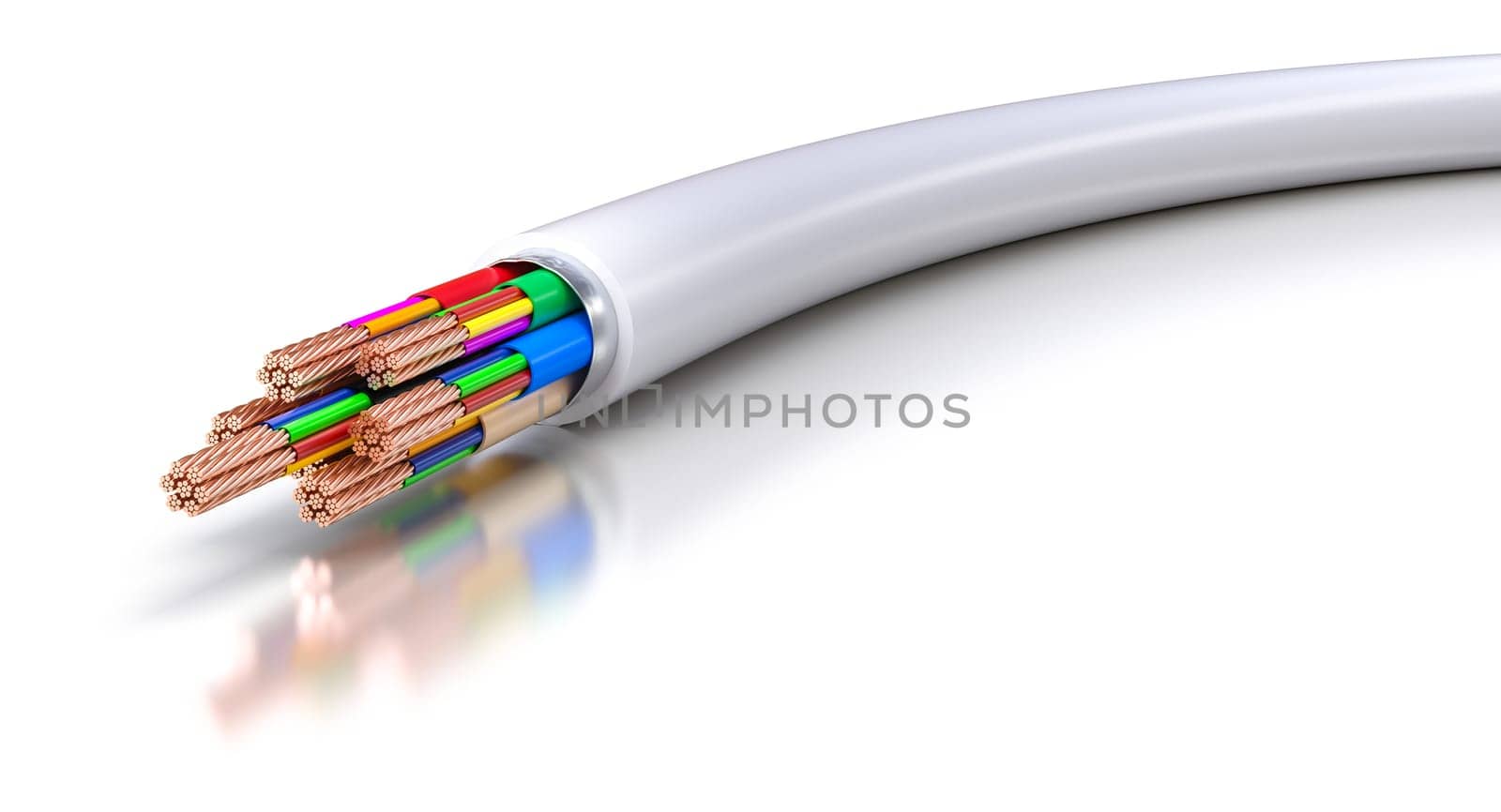Close-up  white electrical cable  copper wires white background. 3d render