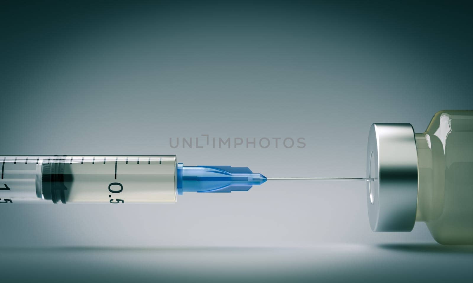 Syringe medication  vaccine  vial  sterile blue background. healt concept 3d