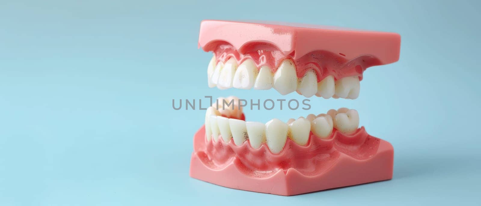A plastic dental model with white teeth is shown on a light blue background. The model is open, revealing the inside of the mouth. The model is made of pink plastic and the teeth are white.