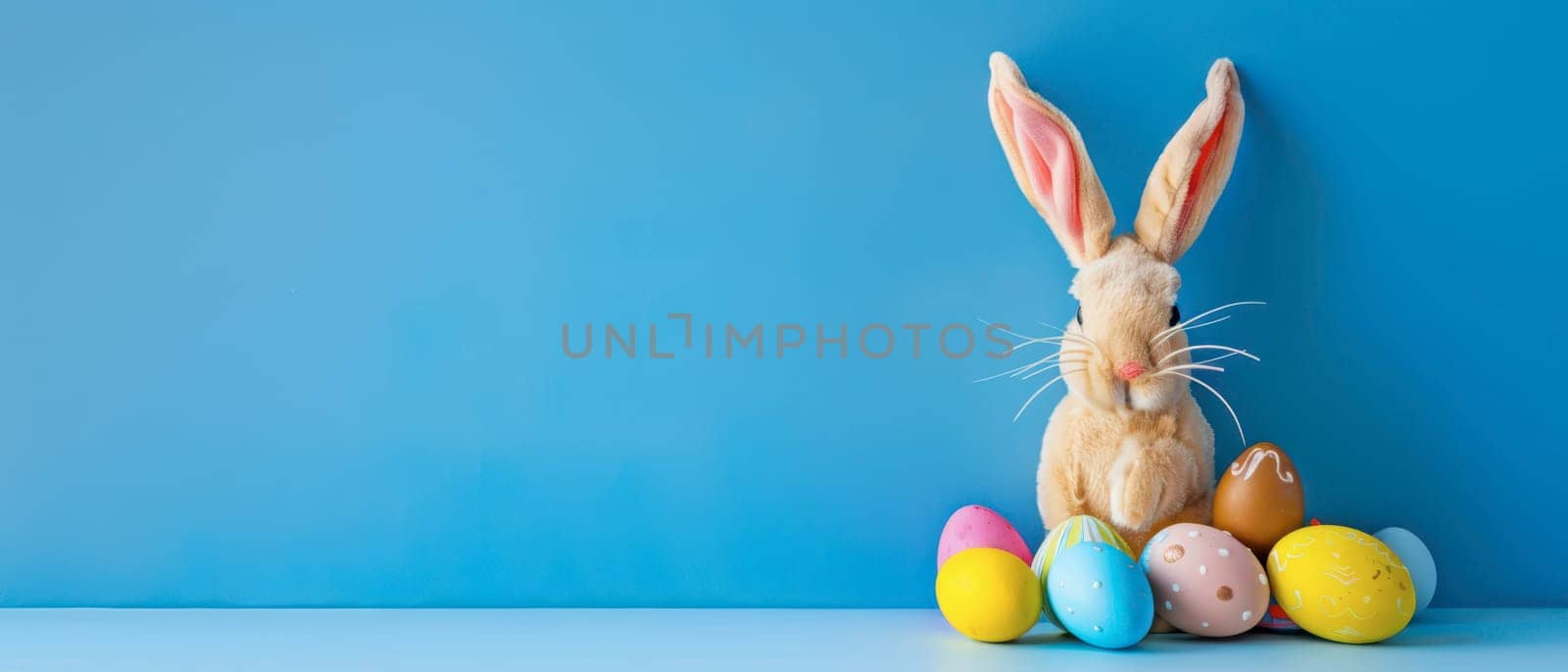 A plush Easter bunny sits with a pile of colorful decorated eggs in front of a blue background. The bunny has long, pink ears and is looking directly at the viewer. The eggs are various colors and some have patterns or designs.