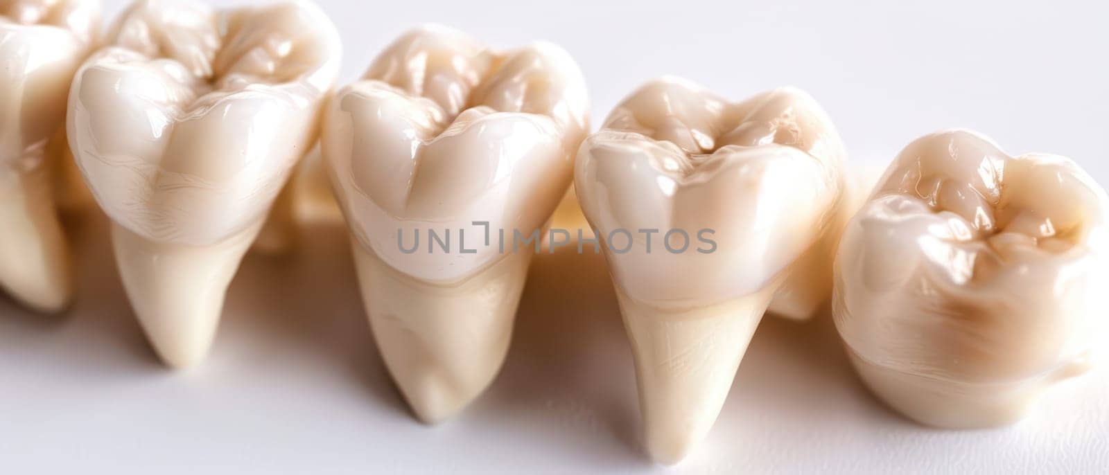 A close-up shot of a row of human teeth, showcasing their smooth, white surfaces. The teeth appear to be freshly cleaned and polished, highlighting their natural shape and healthy enamel.