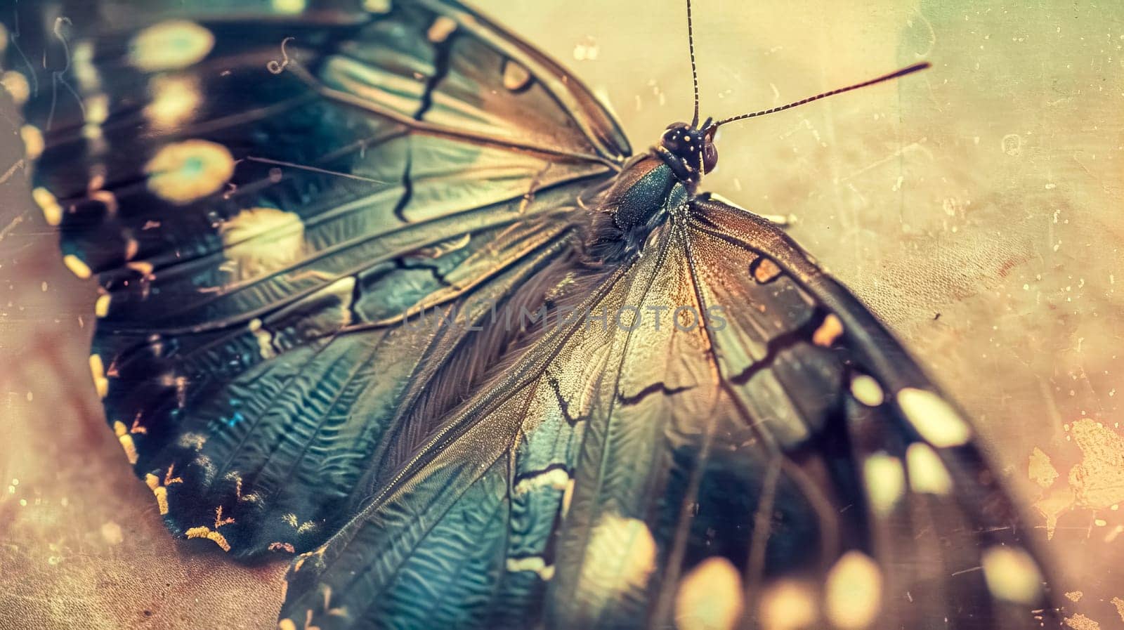 Stunning butterfly rests gracefully, showcasing intricate patterned wings against a vintage background, radiating summer vibes with vibrant colors