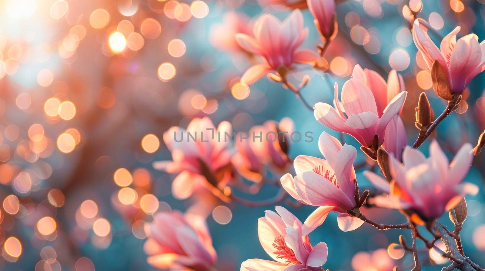 Branches of blossoming pink Magnolia flowers on blurry background. Shallow DOF. AI generated