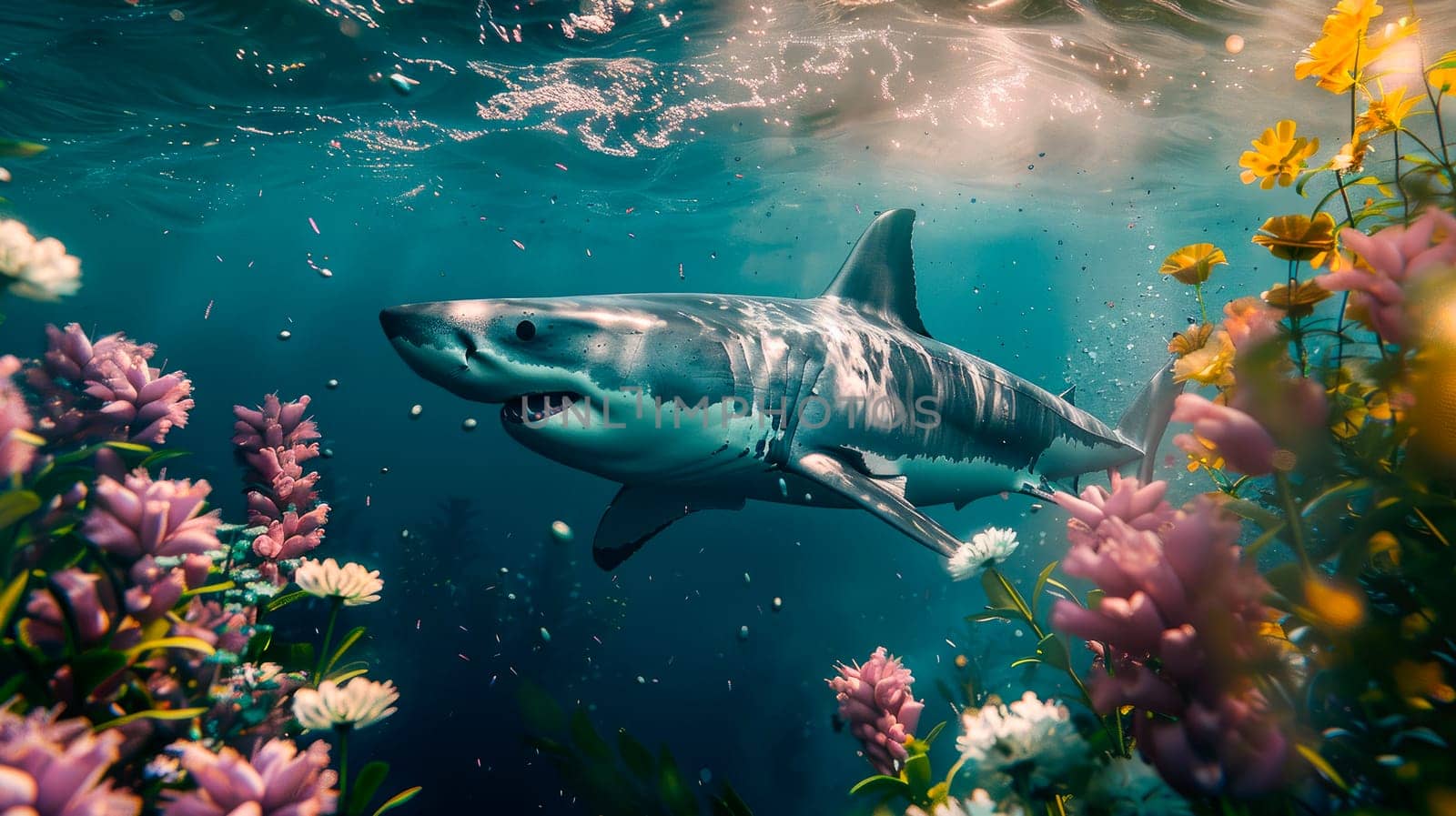 Abstract colorful underwater coral reef with underwater flowers and a big shark. AI generated